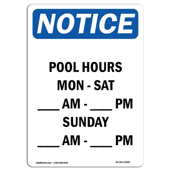 OSHA Sign, Pool Hours Mon, Sat _ Am, - 5in X 3.5in Decal, 10PK, 3.5" W, 5" H, Portrait, PK10